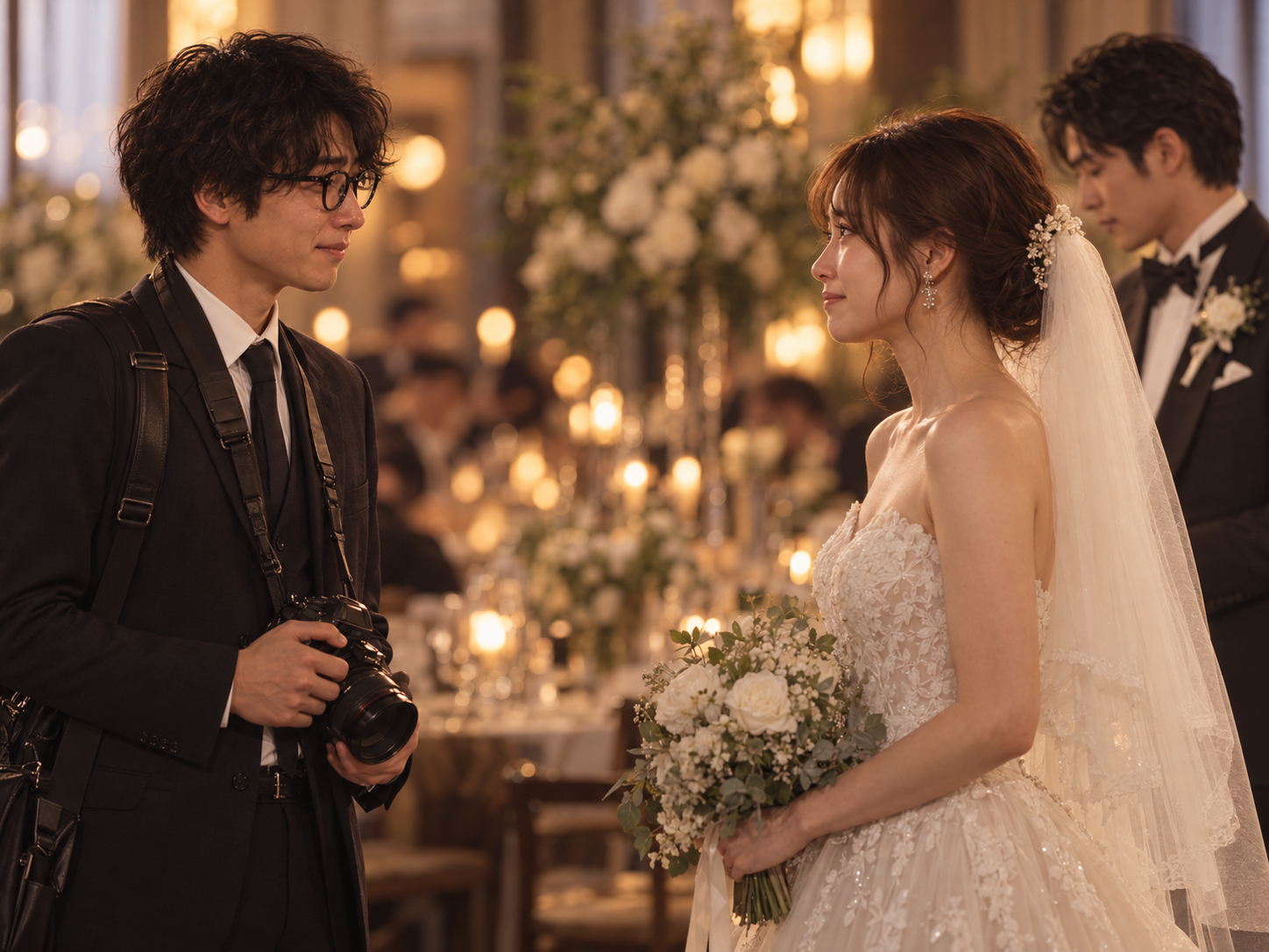 結婚披露宴で向き合う汰一とウェディングドレス姿の美奈